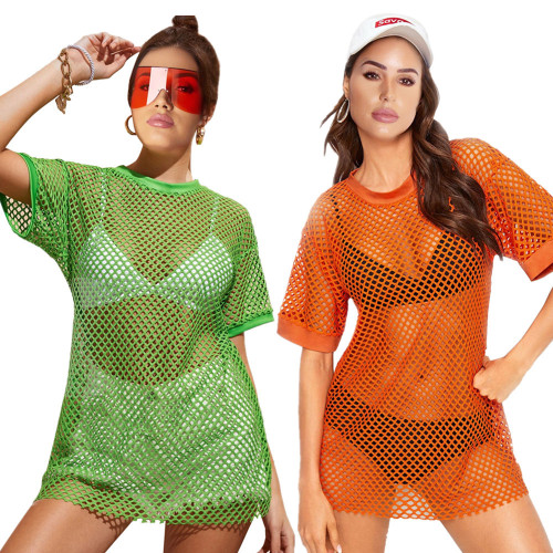 Sexy Covers Up Green/Orange See Through Mesh Top DN8267