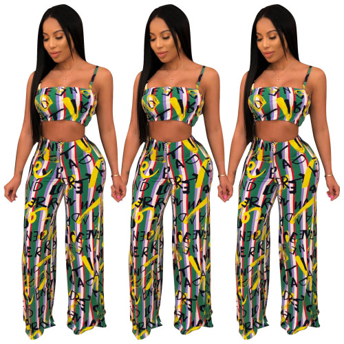 Letters Printing Sets Strappy Crop Top Zipper Wide Leg Pants SDD9152