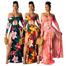 Summer Hot Sell Split Printing Strapless Maxi Dress SMR9183