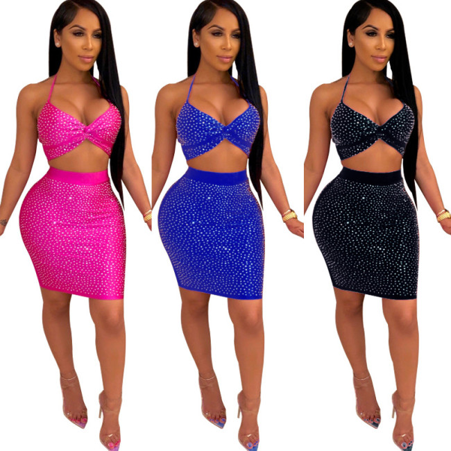 Halter halter strapless tube top high waist skirt hot drilling set ME2728