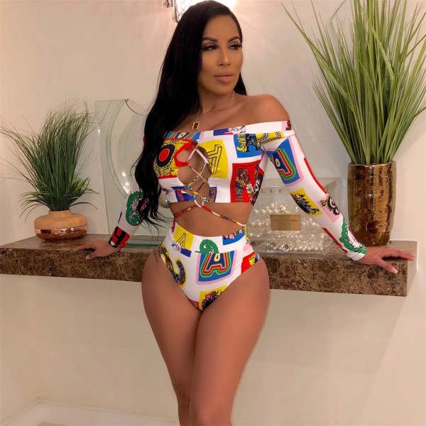 Off Shoulder Long Sleeve Tos Flower Print Swimwear CY1131