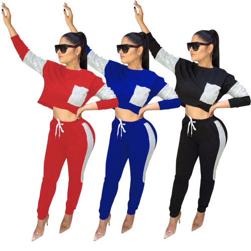 Running Outfits Color Block Top Elastic Waist Slinky Pants W8216