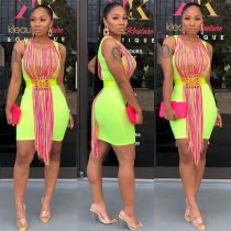 Slim Bodycon Sleeveless Tassel Short Dress Without Belt D8302