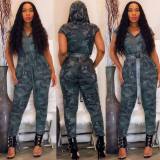 Camouflage Hooded Elastic Waistband Short Sleeves Jumpsuit HG5159