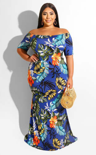Full-body printed summer new sexy shoulder size dress JLY1884