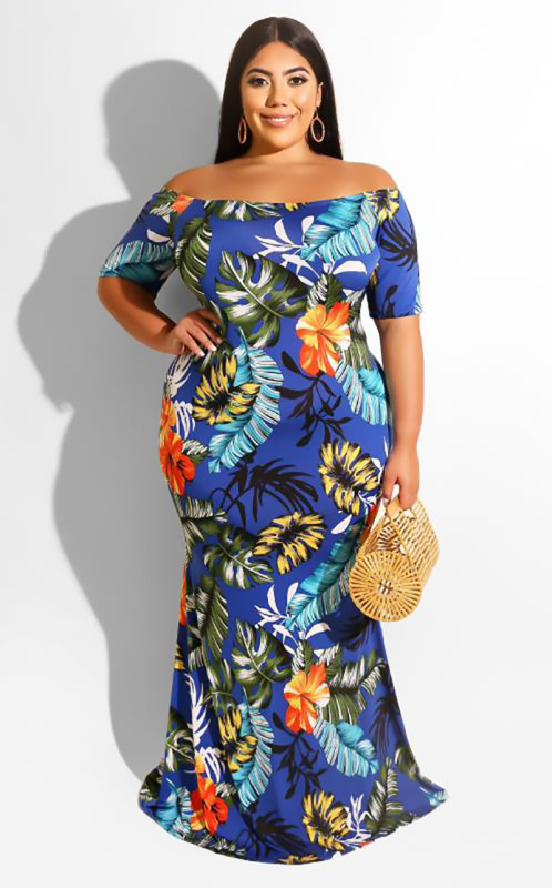 Full-body printed summer new sexy shoulder size dress JLY1884