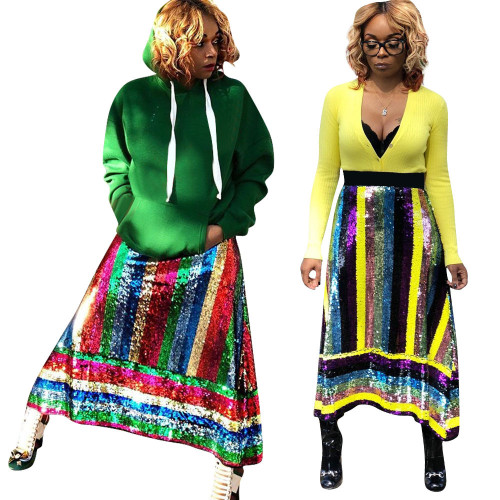 Fashion Ladies Sequins Colorful Stripe Long Skirts OEP5305