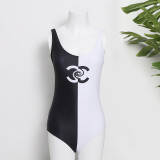 Black and white colorblock triangle one-piece swimsuit bikini YWJ2026