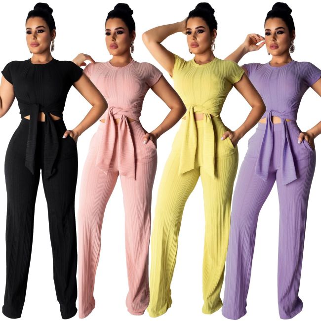 Pure Color Outfits Short Sleeves Crop Top Wide Leg Pants SY8319
