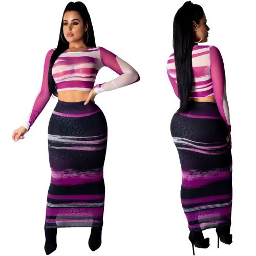 Striped Print Crop Tops+Long Skirts Two Pieces Sets SY8323