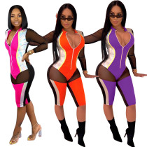 New Design Mesh Patchwork Zip Up Short Jumpsuit LS6244