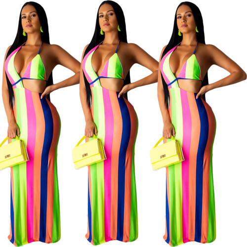 Newest Backless Multicolor Stripe Irregular Long Dress AMM8167