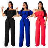 Hot Ruffle Overlay Off Shoulder Solid Wide Leg Jumpsuit X9117