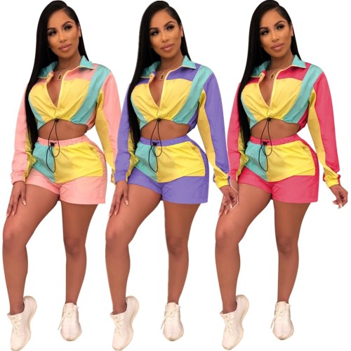 Color Block Adjustable Drawcords Short Suits For Woman E8299