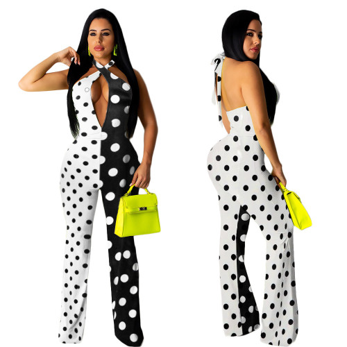 New Arrival Polka Dot Contrast Color Bandage Jumpsuit YX9128