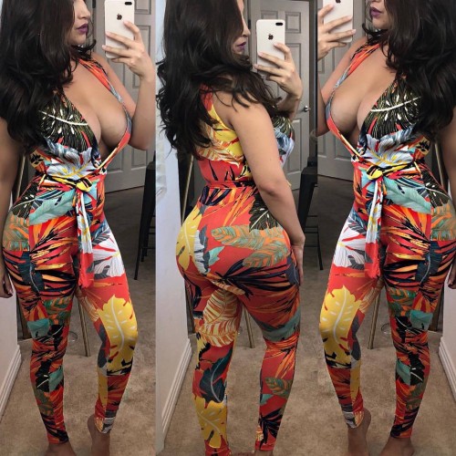 Fashion Colors Printed Deep v Neck Sleeveless Sexy Women Jumpsuit MDF-5006