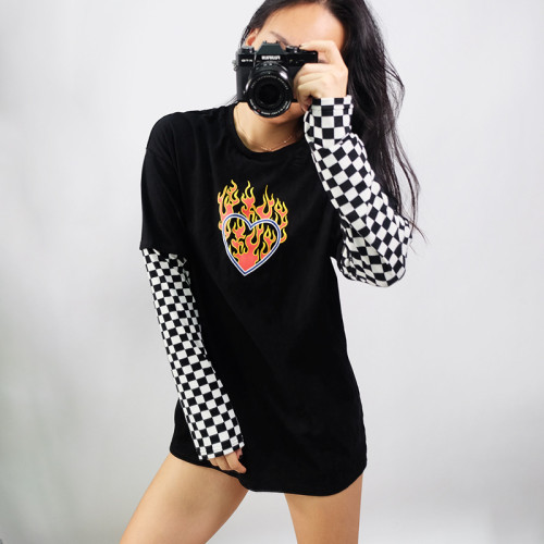 Flame printed checkerboard long sleeve T-shirt HT1049