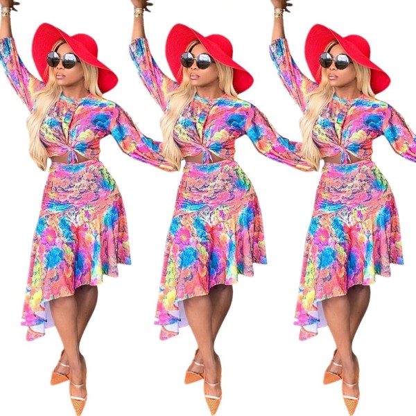 Cheap Irregular Floral Printing Leisure Skirt Suits YMT6101