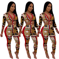 Wrap Crop Tops Skinny Print Pants Women Fashion Sets AMM810