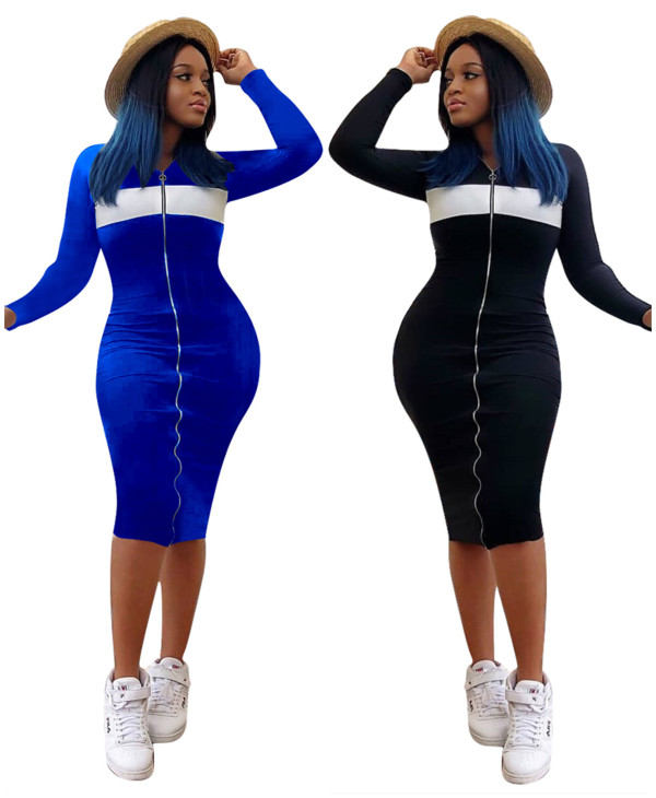 Leisure Zipper Long Sleeves Contrast Color Midi Dress YMT6029
