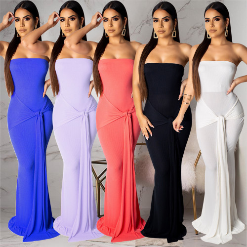 Wholesale Pure Color Ribber Strapless Maxi Dress ALS084