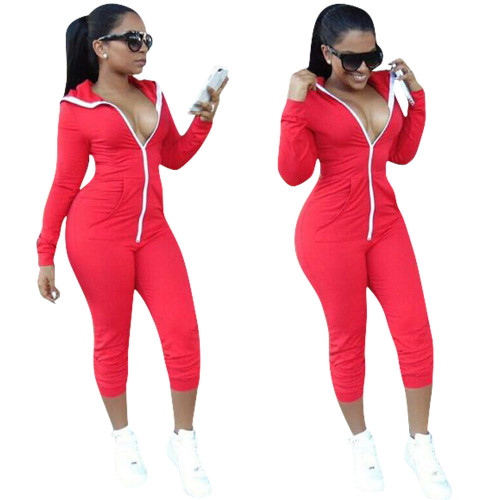 Red Zip Up Hoodie Sports Jumpsuits LM9041