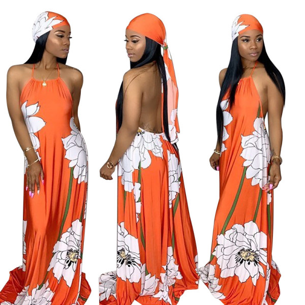 Floral Print Backless Halter Neck Maxi Dress With Belt SY8322