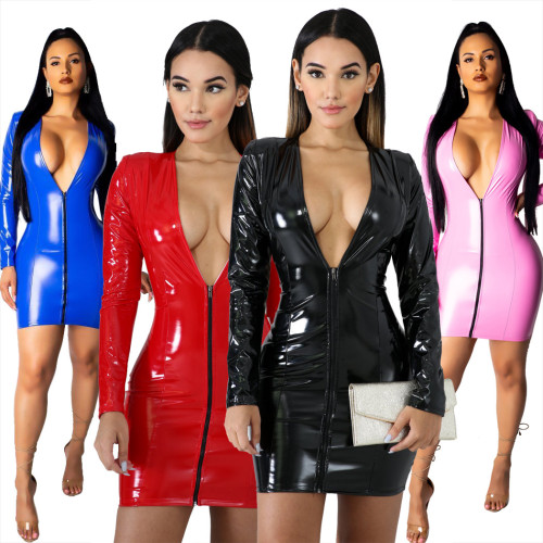 Zipper V Neck Long Sleeve Pu Leather Mini Club Dress QZ3258