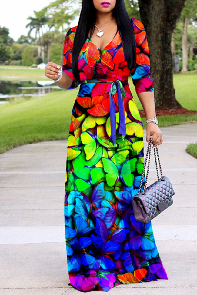 Multicolor Butterfly Printing Spaghetti Strap Maxi Dress YLY2317