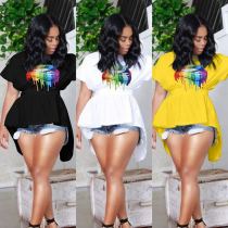 Fashion Short Sleeves Lip Printing Elastic Waist Long Top QQ5121