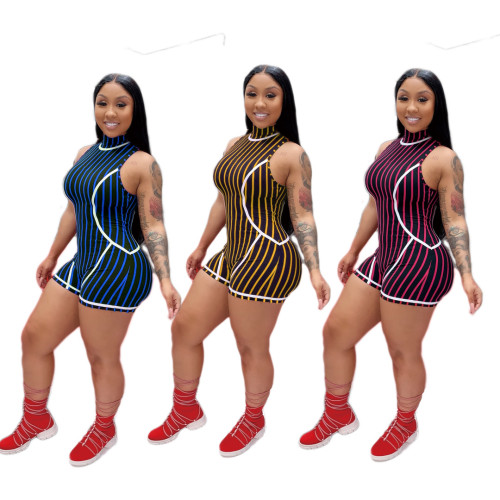 Stylish Women's Sleeveless Romper Stripes Print Sporty Short Jumpsuit AMM8213