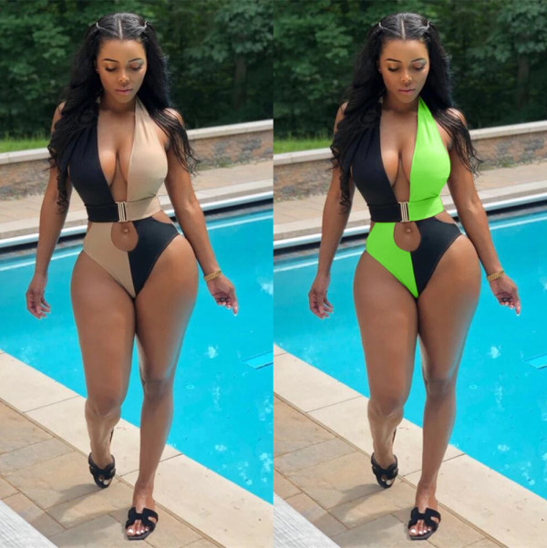 Women Slim Beach Contrast Color Backless Swimwear ORY5128