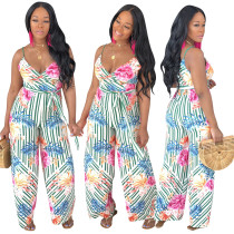 Lady Flower Print Condole Belt Wide Leg Jumpsuit With Belt ALS078