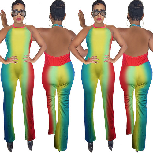 Colorful Print Backless Halter Neck Jumpsuits SY8317