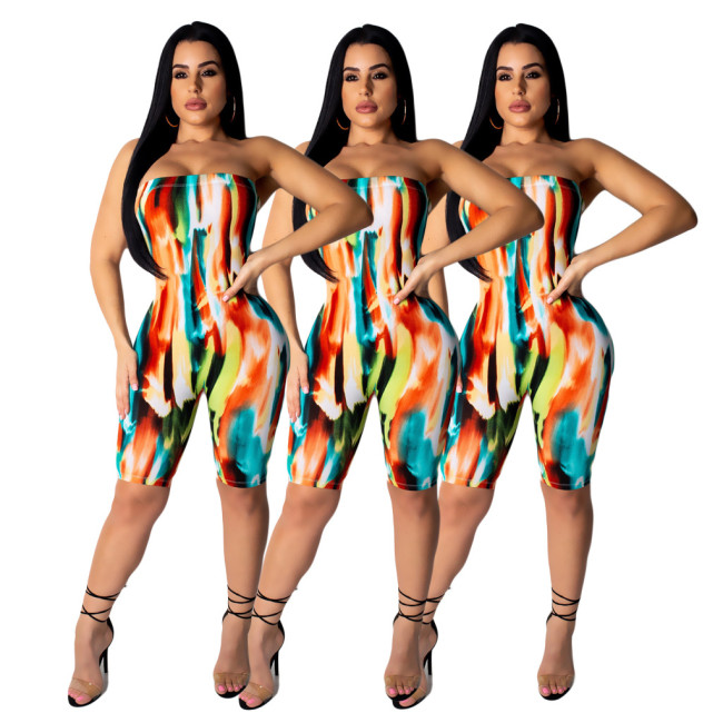 Cheap Colorful Printing Strapless Ladies Bodycon Jumpsuit ML7178