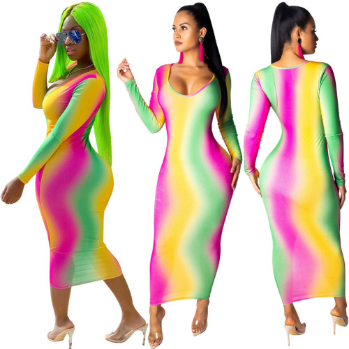Casual Rainbow Stripe Long Sleeves Midi Dress R6152