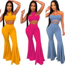 Trendy Plain Color Slim Suits Sleeveless Top Flares Pants KA7053