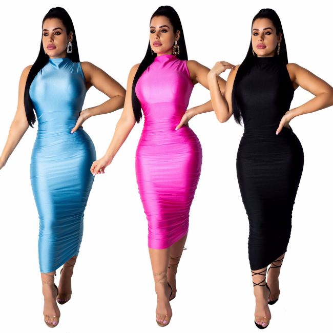 Pure Color Sleeveless Ankle Bodycon Dress QZ6067