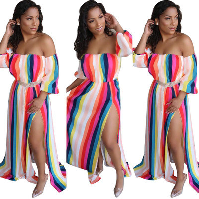 Fashion Rainbow Stripe Dew Shoulder Maxi Dress HG5190