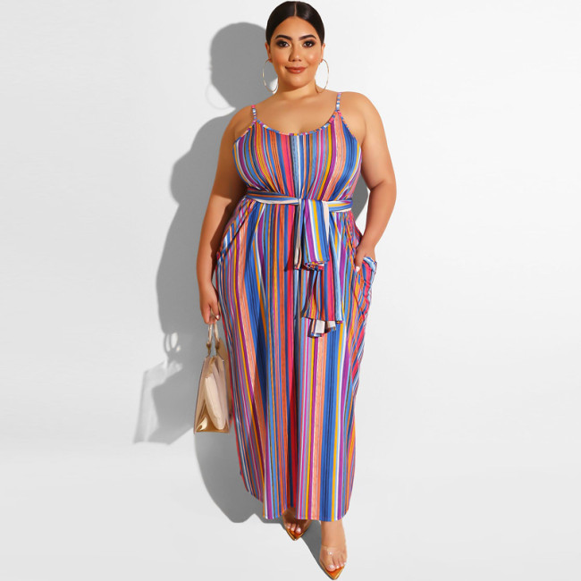 Loose striped dress with belt sling 19258