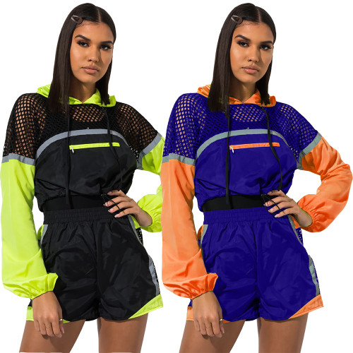 Color Block Lady Suits Mesh Patchwork Hooded Top Elastic Shorts JLX3088