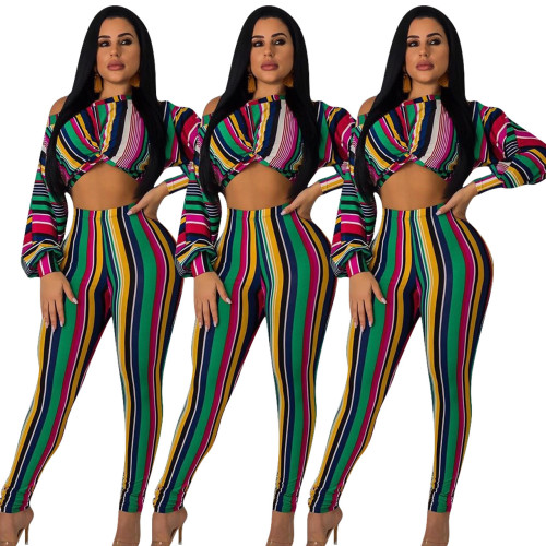 Multicolor Ladies Striped Outfits Crop Top Tight Pants WY6605