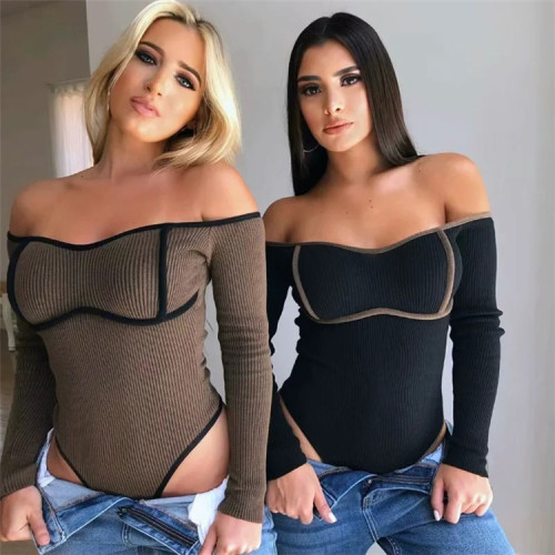 Fashion contrast design knitted solid color one-piece autumn new slim slimming word neck women's T-s