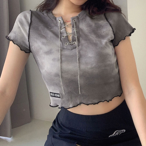 New style small embroidered eyelet chain tie-dye T-shirt casual top women HT3359W0F