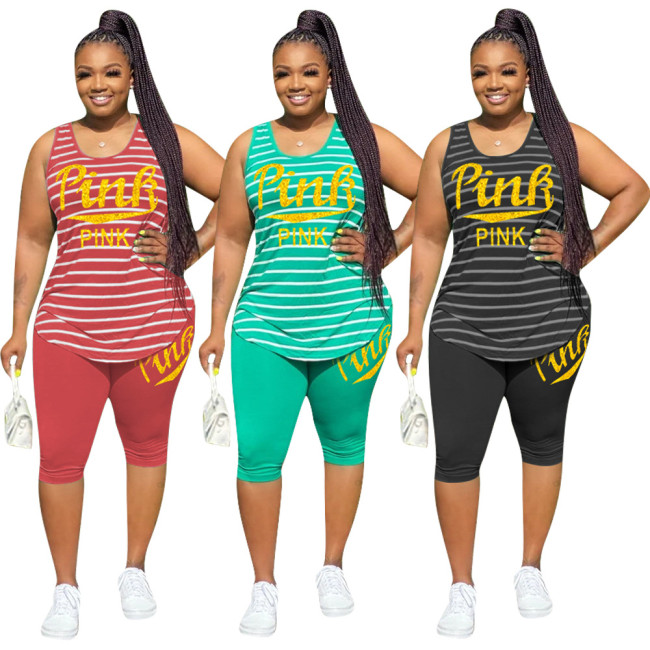 Casual Plus Size Striped Printed Round Neck Vest And Shorts Two Pieces Sets H1376