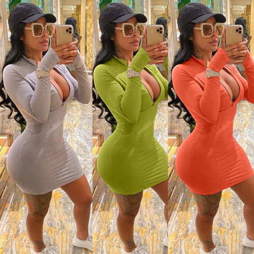 Sexy Solid Color Zipper V-Neck Long Sleeves Bodycon Mini Dress CL6069