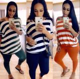 Fashion Striped Printed Round Neck Short Sleeves T-Shirt With Trousers Two Piece Sets CQ021