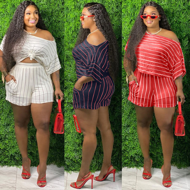 Fashion Striped Printed One Shoulder Mini Top With Shorts Plus Size Two Piece Set XM1131