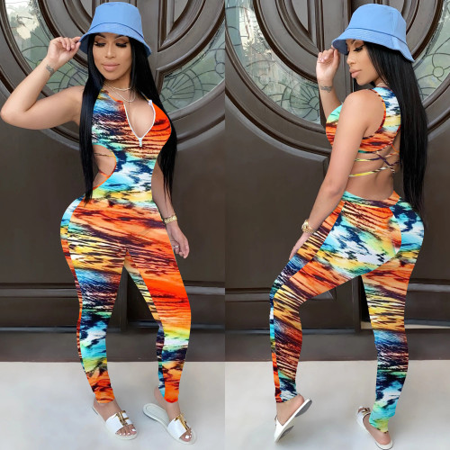 Fashion Coloring Printed Zipper V-Neck Sleeveless Bodycon jumpsuit NK141