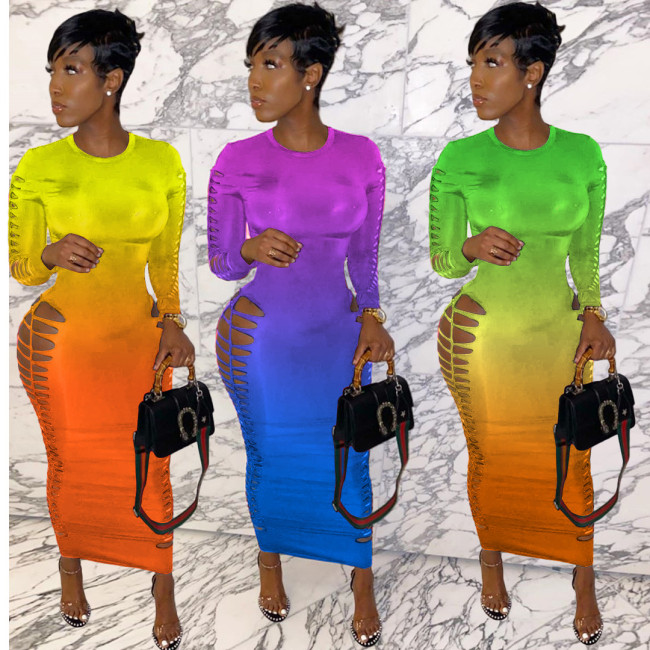 Women's colorful gradient burnt flower fashion loose dress YZM7047